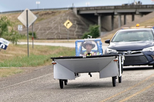 A solar car heads out from Justin, Texas. Photo by J.G. Domke.