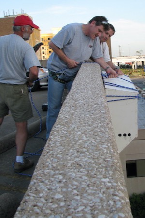 911 Wildlife staff install bat houses at the Fort Worth Convention Center parking garage. Photo courtesy of Bonnie Bradshaw.