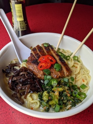 Vegan steak in ramen dish