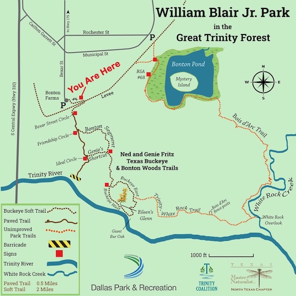 Trailhead sign and map at the Ned and Genie Fritz Texas Buckeye Trail