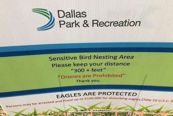A sign at White Rock Lake warns visitors to adhere to federal protections of the bald eagle. Photo by Amy Martin.