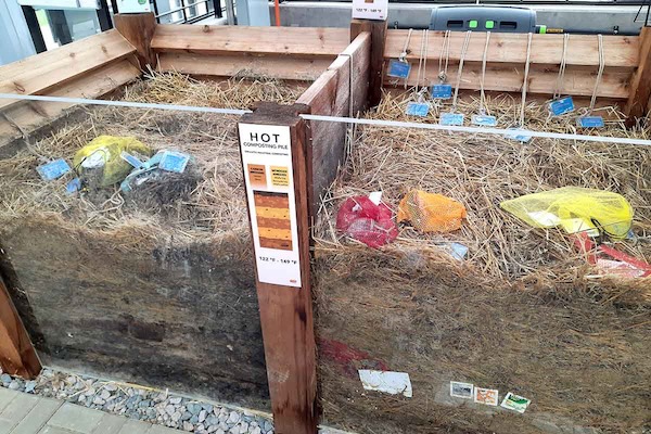 The bins at the Pepsico research facility in Plano test various bio-based polymer formulas in commercial and home composting conditions. Photo by Marshall Hinsley.