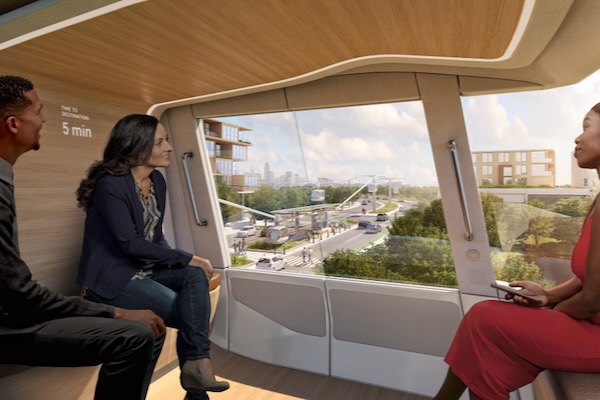 Vehicles can seat four to six passengers with room for two additional standing passengers. They are ADA-compliant, with room for a wheelchair and attendant. Riders can bring a bike on board as well. Courtesy of Swyft Cities.
