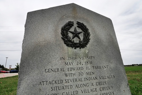 A monument marks the Battle of Village Creek at Pioneer Parkway and Green Oaks Boulevard in Arlington. Photo by J.G. Domke.