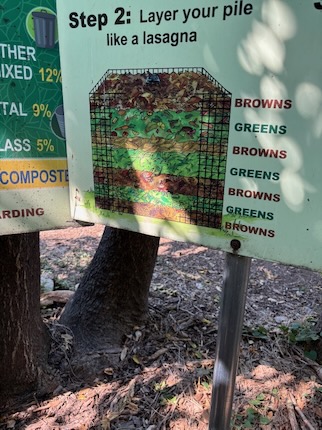 A sign at the Fort Worth Botanic Garden's Compost Outpost illustrates green and brown layers of compost.