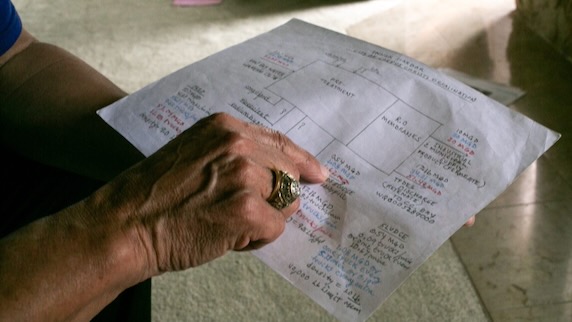 Encarnacion Serna, a retired chemical engineer, explains a diagram