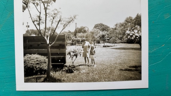 Author with mom in backyard in Arlington, TX