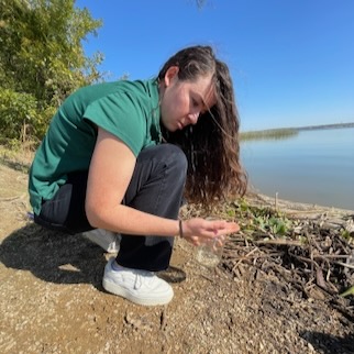 Environment Texas volunteer finds nurdles while combing the shore at Mountain Creek Lake in Grand Prairie.