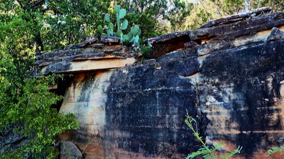 Limestone from the accumulation of infinitesimal crustaceans alternates with darker sandstone