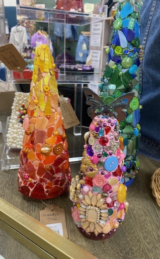 Christmas Trees made from upcycled glass and beads from the Green Thistle Emporium in Fort Worth.