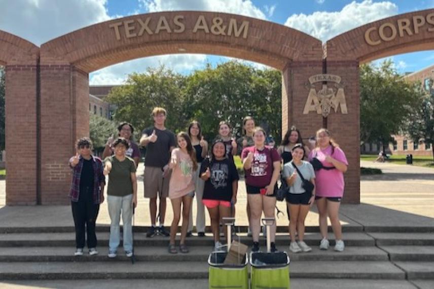 Texas A&M Aggie Eco-Reps take part in a campus cleanup.