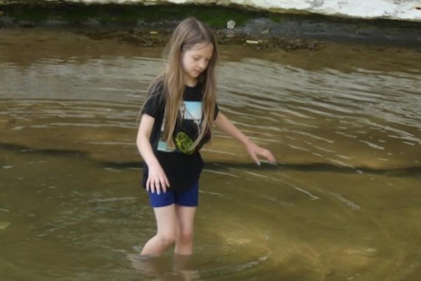 Irene wades the creek at Ladd Nature Preserve in Duncanville