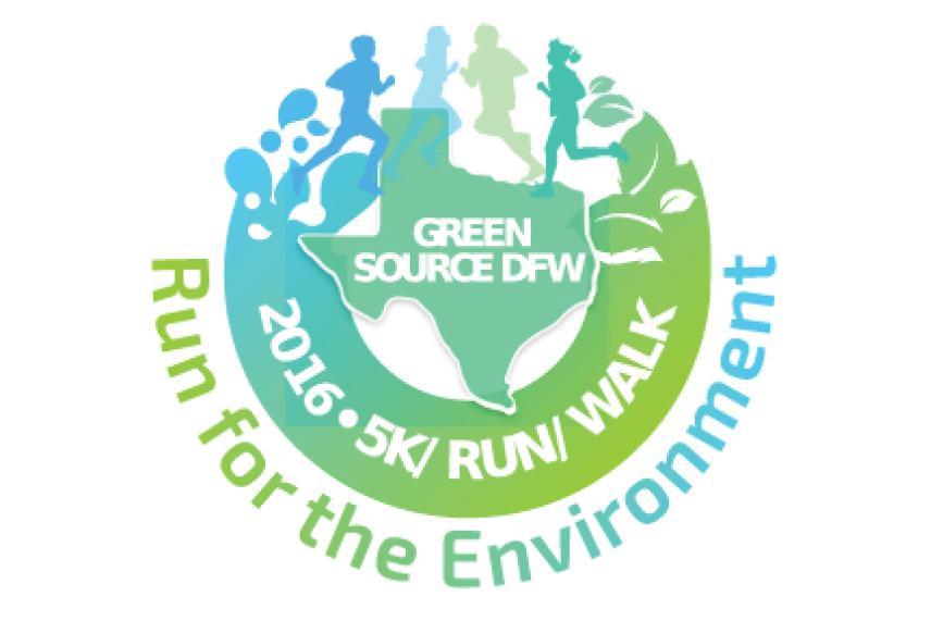 Logo with runners, Texas outline, and text about a 5K event for the environment.