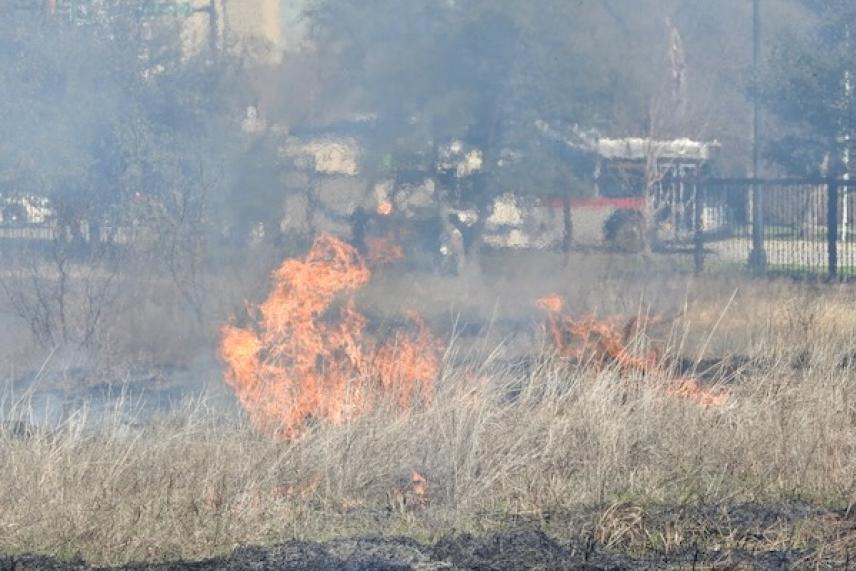 Grass fire with visible flames and smoke in a field, fire truck in the distance.