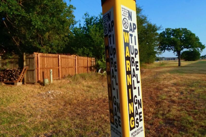 Warning pole near grassy path with trees and wooden fence in the background.