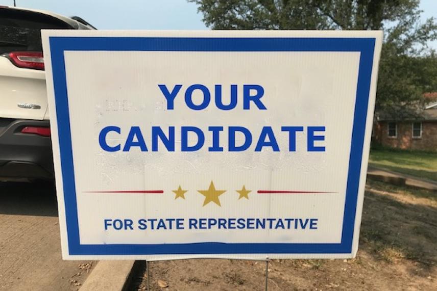 Campaign sign for state representative on a lawn.
