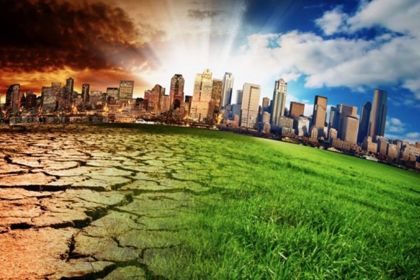 Cities split between dry land and lush grass, under a dramatic sky.