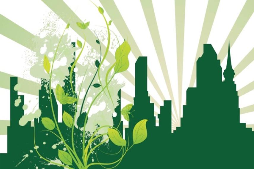 Green city skyline with stylized plants and rays in the background.