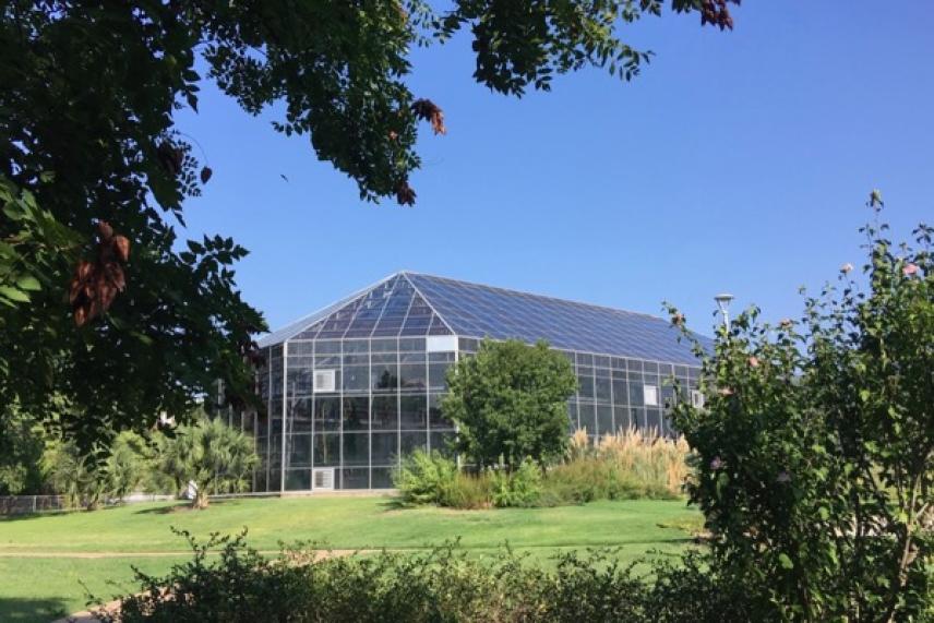 A glass greenhouse surrounded by lush greenery and blue sky.