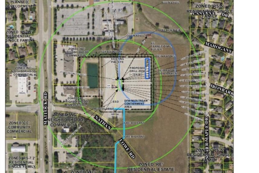 Aerial map with a central building and marked zones in green and blue circles.