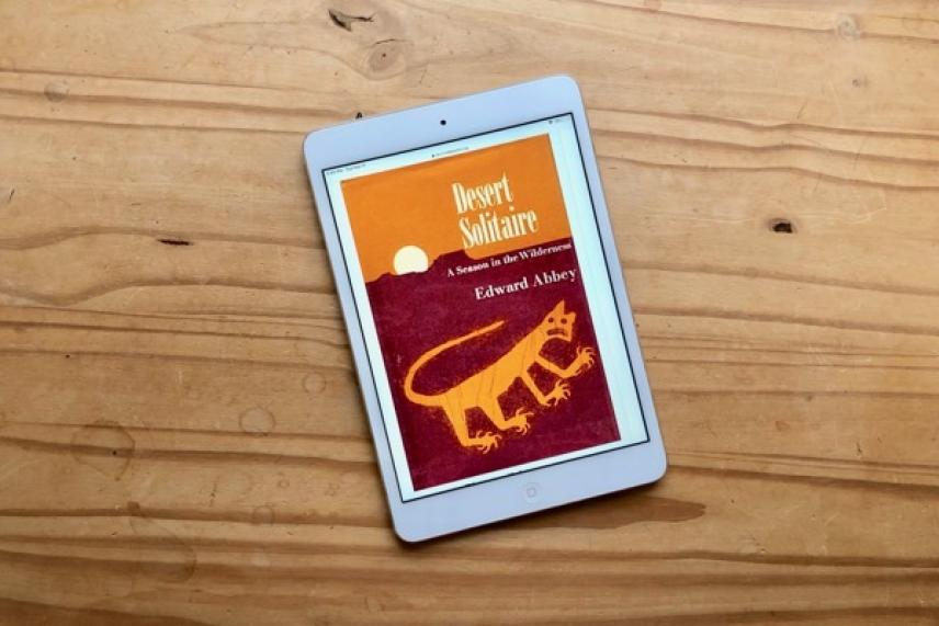 E-reader on wooden table displaying a desert-themed book cover.