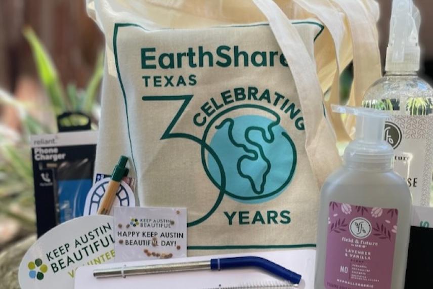 Tote bag and eco-friendly products on display outdoors.