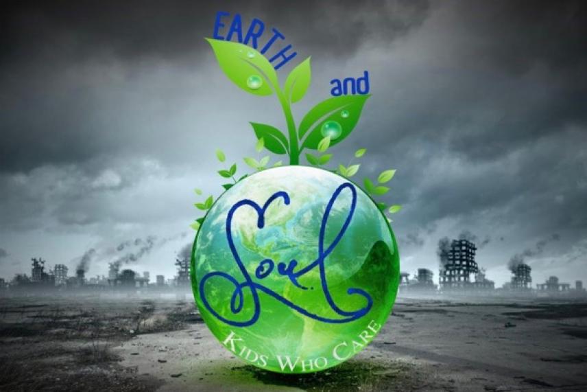Green earth globe with leaves on a barren landscape, industrial background.