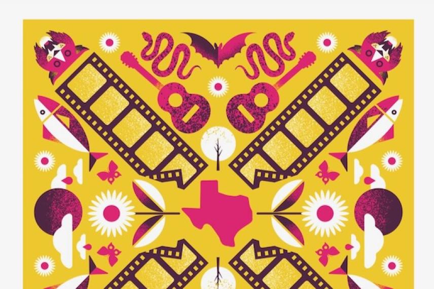Texas-themed graphic with guitars, film strips, and flowers on yellow.