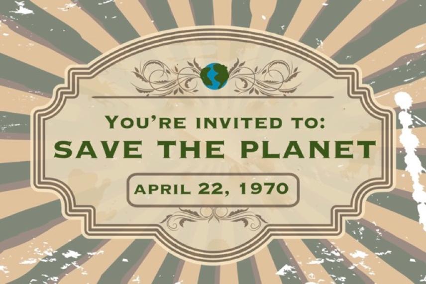 Retro Earth Day event invitation with a globe icon.