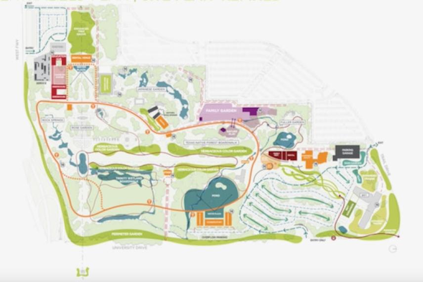 Map of a landscaped park with paths, bridges, and various sections in different colors.