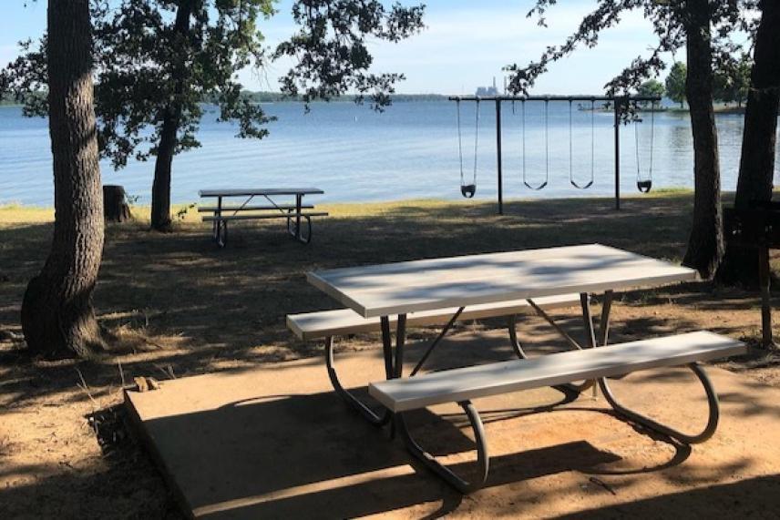 Picnic table under trees near a lakeside swing set.