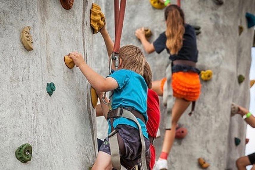 Children climbing a rock wall with safety harnesses.