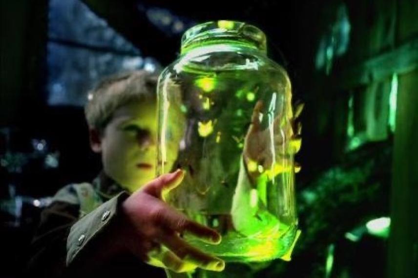 Child holding a jar glowing with green light inside a dark setting.