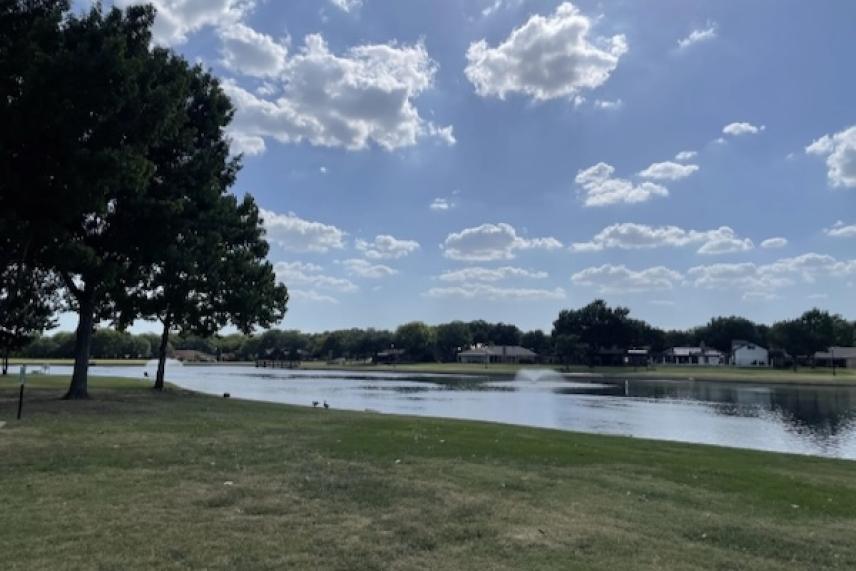 Sunny park with a pond, grassy field, and cloudy sky.