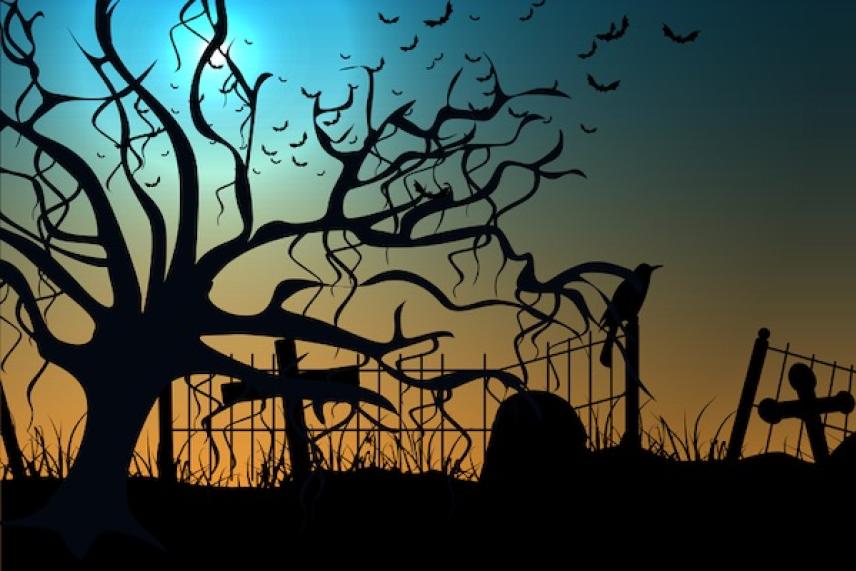Haunted graveyard at dusk with bare trees and flying bats.