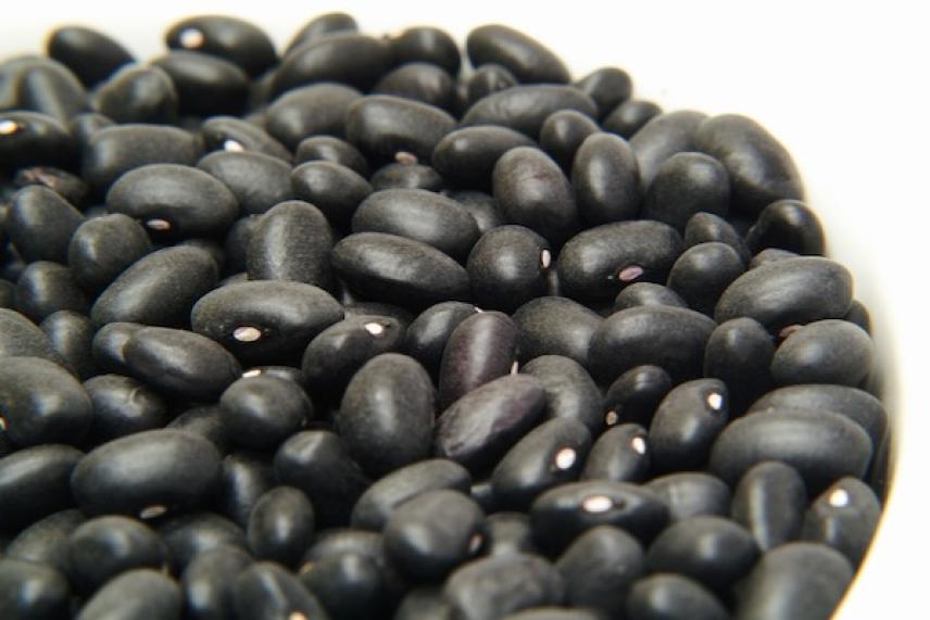 Black beans in a white bowl.