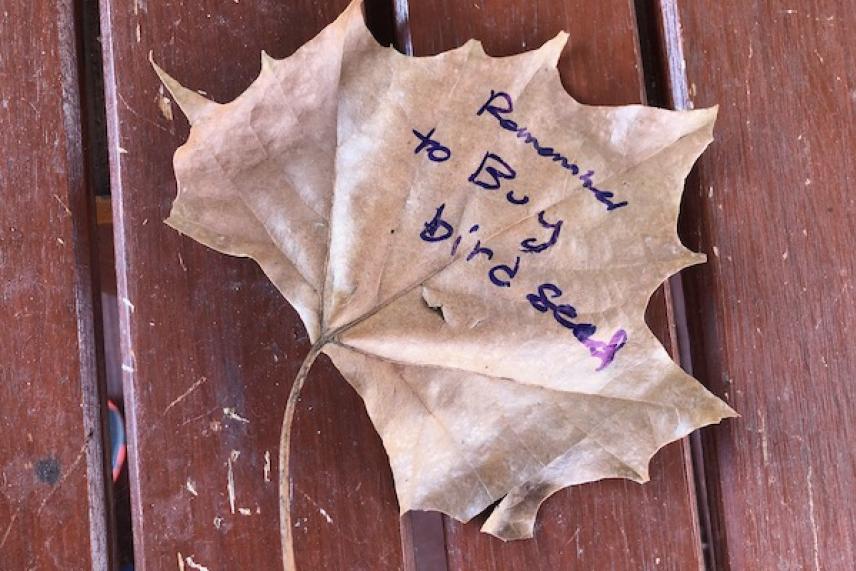 Brown leaf with writing on a wooden surface.
