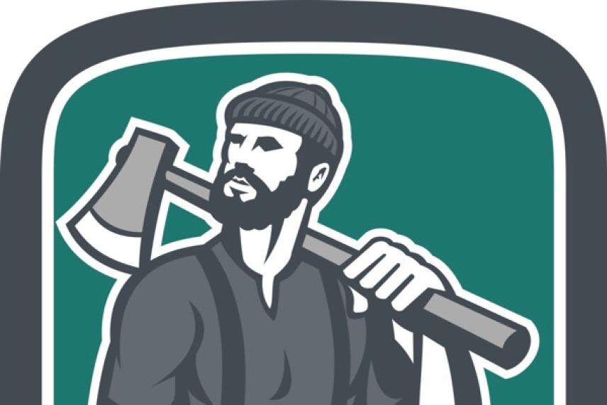 Man with beard holding an axe, wearing a beanie, in grayscale graphic.