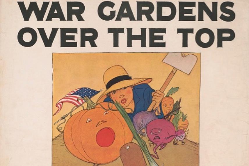 Gardener with vegetables, pumpkin, and American flag.