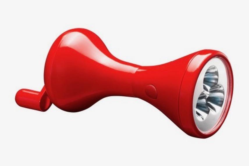 Red handheld flashlight with a bulbous handle and silver reflector.