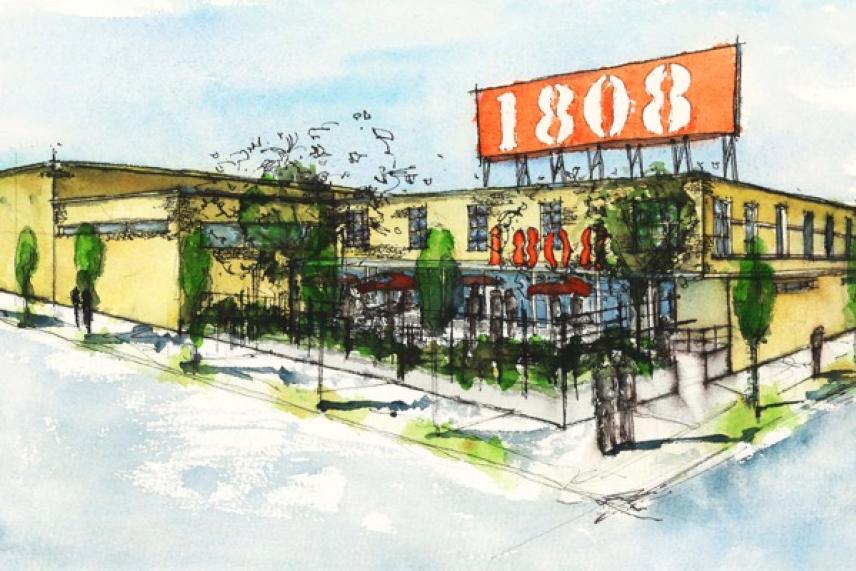 A watercolor painting of a building with a sign reading "1808."
