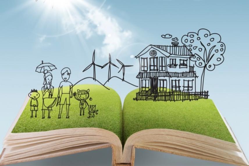 Open book with sketches of a family, house, wind turbines, and tree on grassy pages.