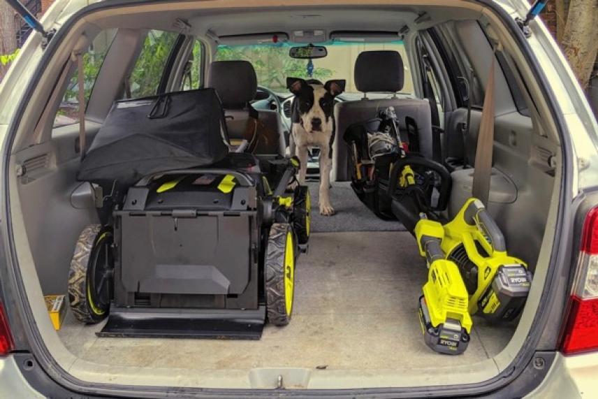 Open car trunk with tools and a dog inside.