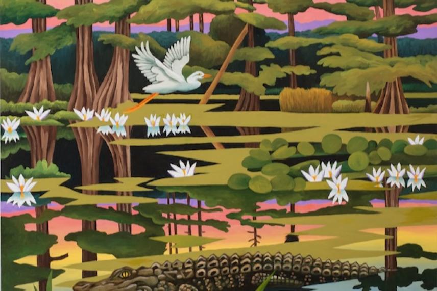 A serene swamp with a flying egret, water lilies, and a crocodile.