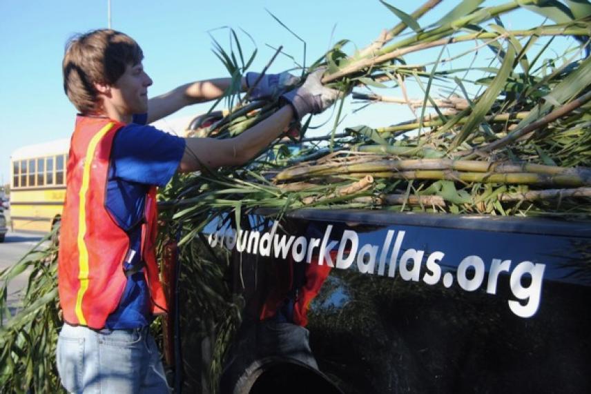 Man loading plants into a black truck with "GroundworkDallas.org" on the side.
