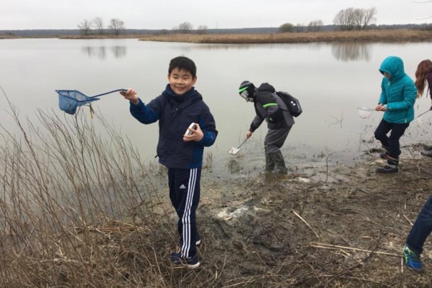 Children exploring a lakeshore with nets on a cloudy day.