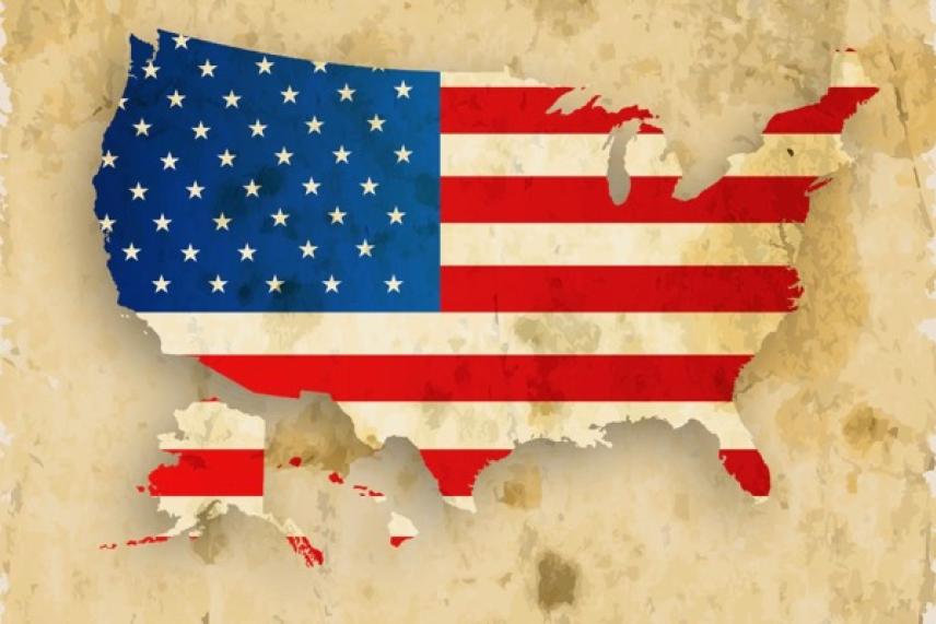 Map of the USA in American flag colors on a vintage background.