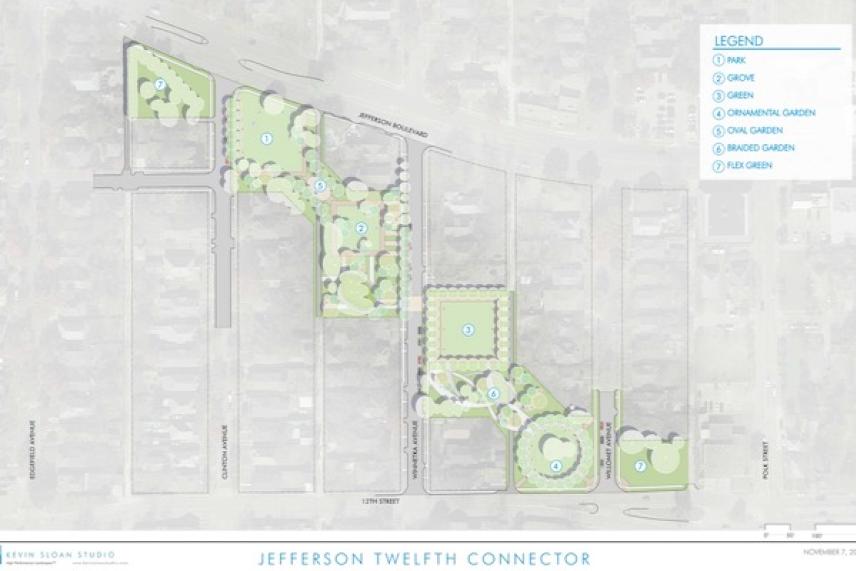 Map of Jefferson Twelfth Connector with green spaces and pathways.