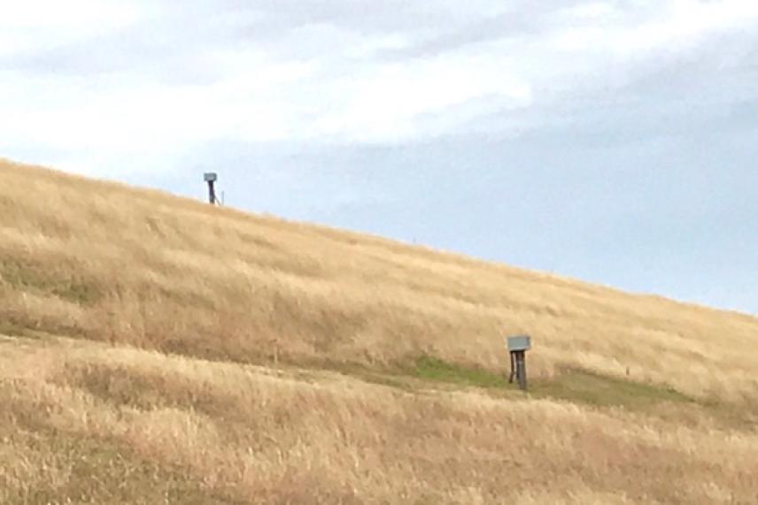 Dry grassy hillside under a cloudy sky with distant figures on the slope.