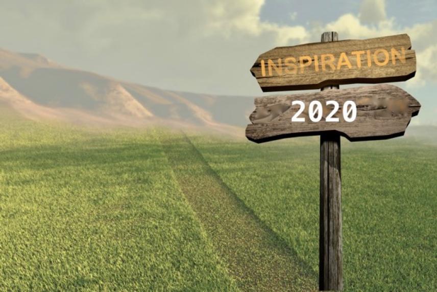Wooden signpost in a grassy field, reading "Inspiration" and "2020."